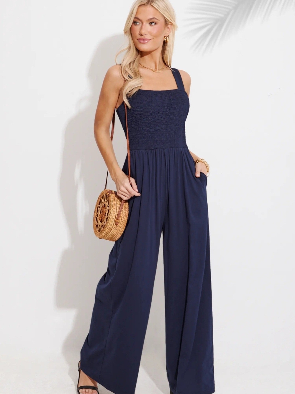 Cupshe Navy Smocked Square-Neck Wide-Leg Jumpsuit